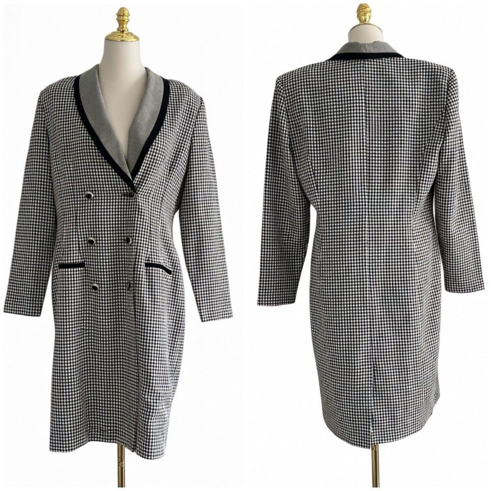 VTG Danny & Nicole Black White Houndstooth Button Detail Midi Shirt Dress sz 14